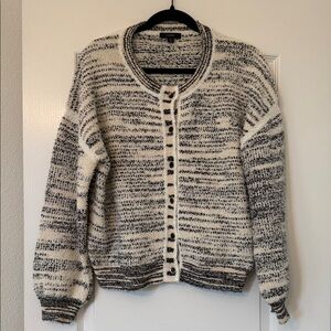 J. Crew Black and Cream Eyelash Knit Textured Cardigan